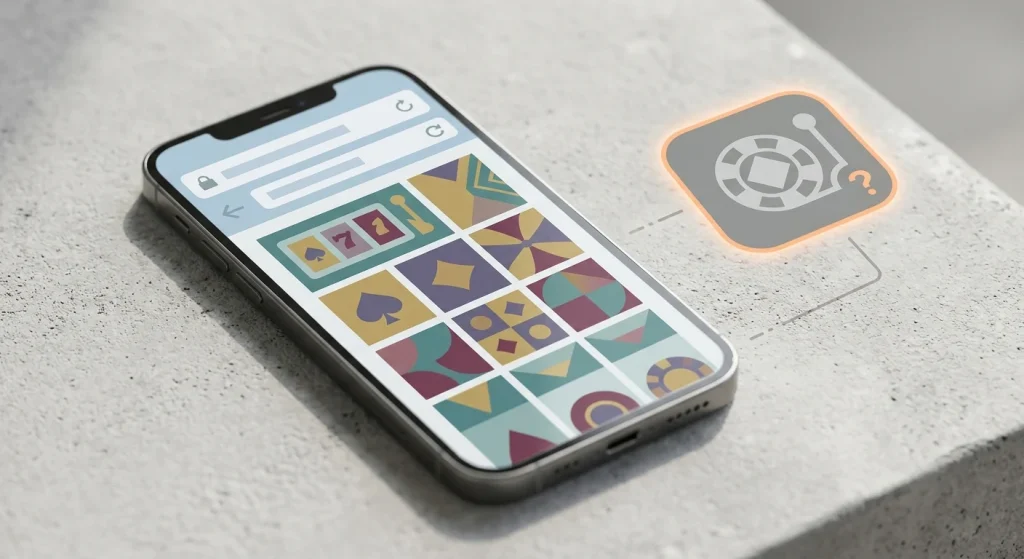 Illustratie van een smartphone met een browservenster en een aparte generieke appvorm zonder winkelbadges of merklogo