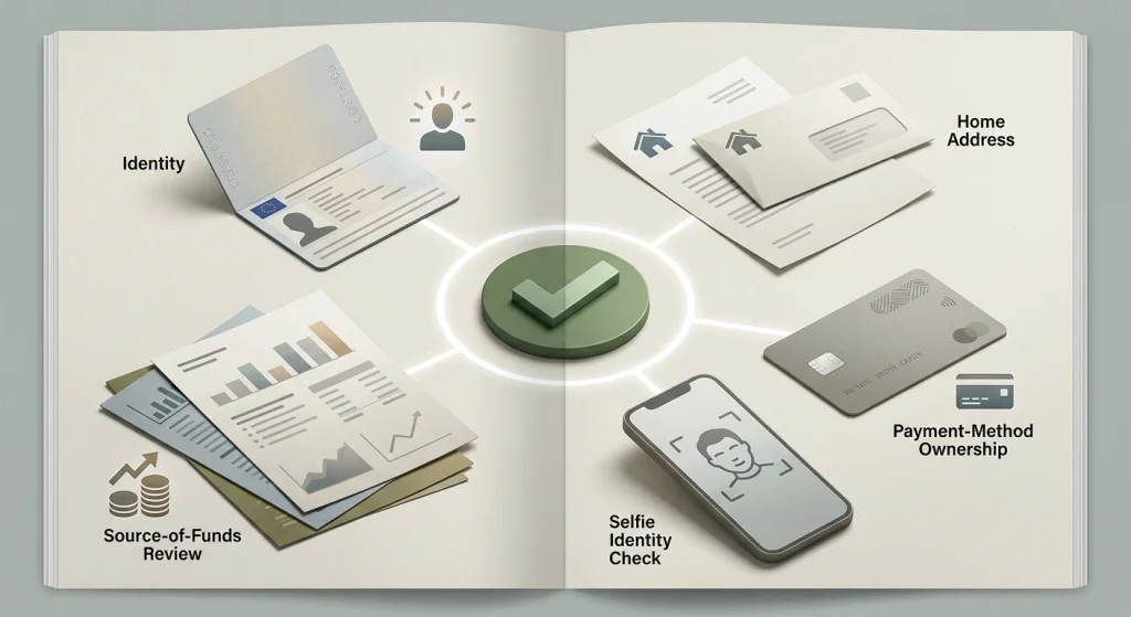 Illustratie van identiteitsbewijs, adresbewijs, betaalmethodecontrole, selfiecontrole en bron-van-middelencontrole