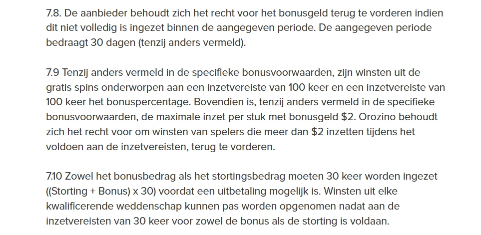 Officiële Orozino-bonusvoorwaarden met regels over inzetvereisten, maximale inzet en uitbetaling