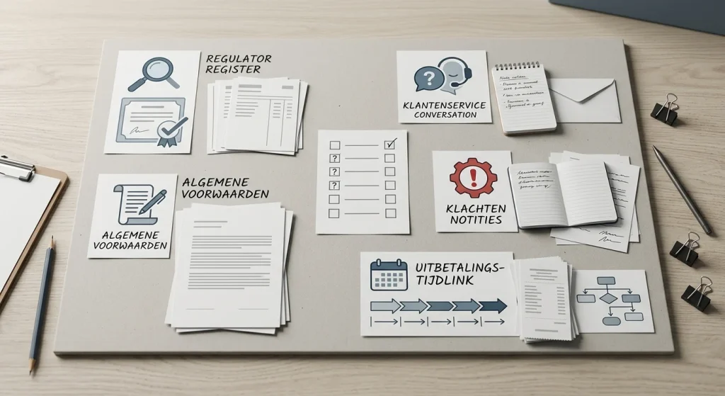 Redactionele illustratie van een controlelijst met vergunning, voorwaarden, klantenservice, klachten en uitbetalingsregels als afzonderlijke bewijsbronnen