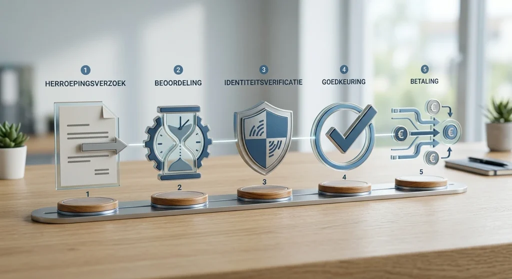 Tijdlijn van opnameaanvraag via beoordeling en KYC naar goedkeuring en betaling